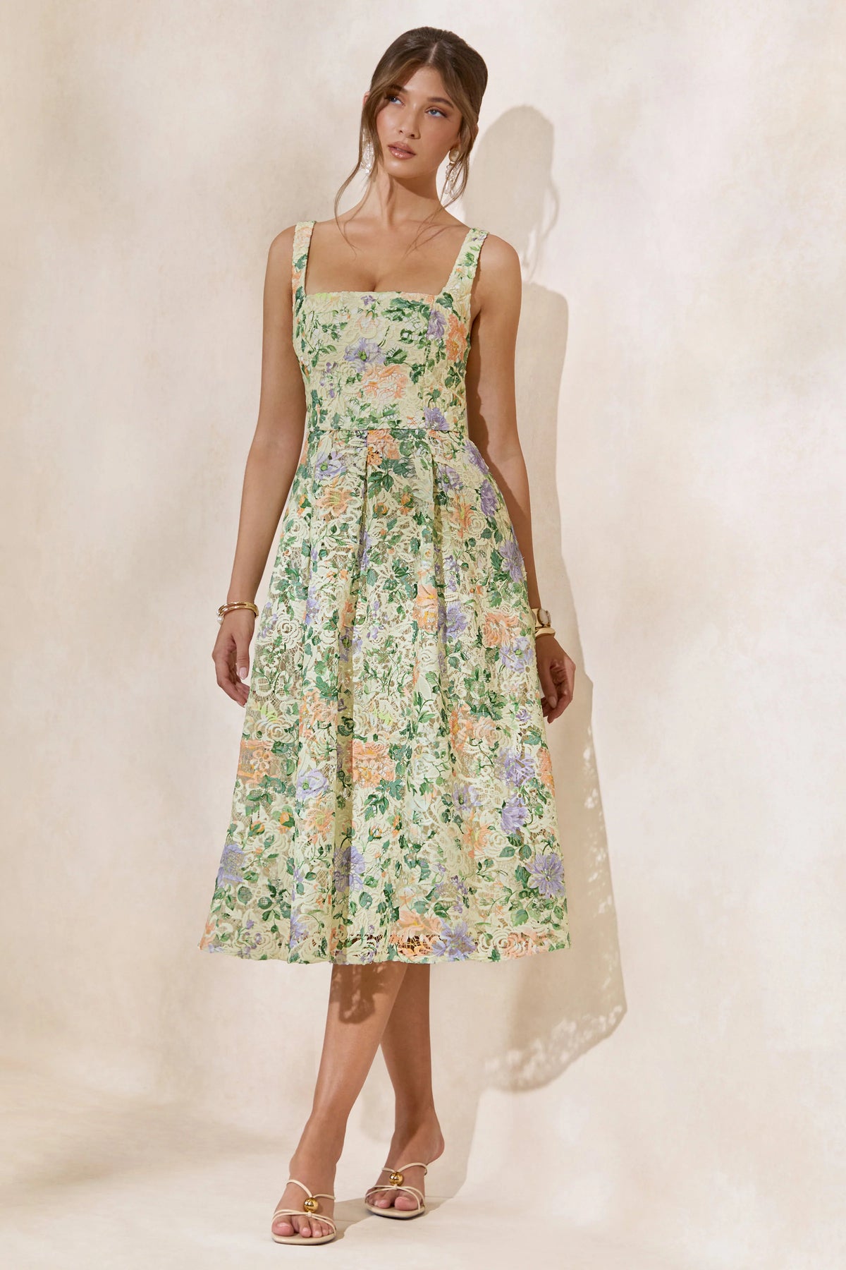 Lorielle | Lemon Floral Print Lace Square-Neck Midi Dress