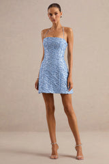 Bellina | Light Blue Embellished Bandeau-Neck Mini Dress