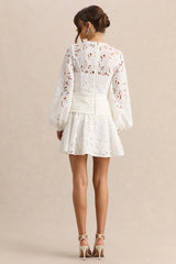 Helena | White V-Neck Mini Dress With Puff-Sleeves And Pleated Skirt