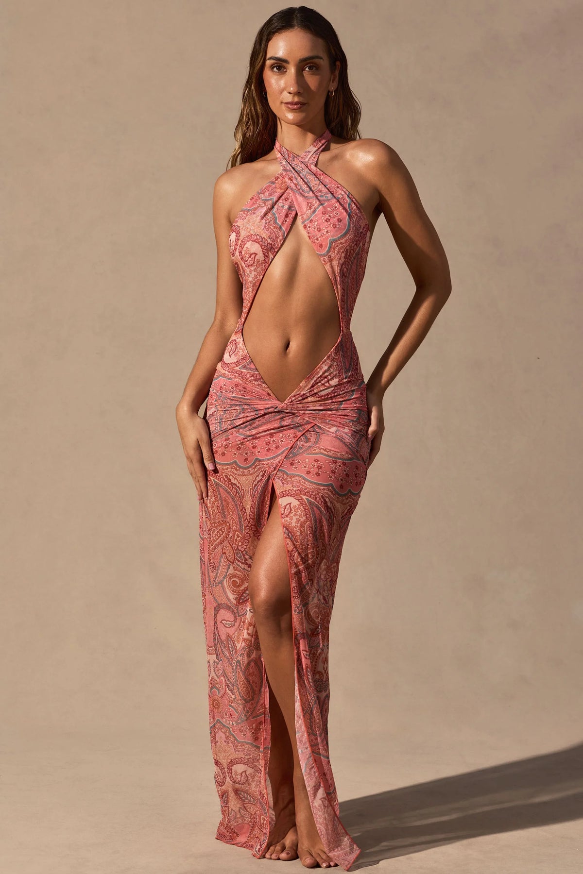 Cut-Out Halterneck Maxi Dress In Paisley Print