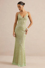 Minna | Sage Sheer Sequin Plunge-Neck Maxi Dress