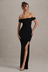 Law Of Attraction | Black Bardot Draped Split Maxi Dress