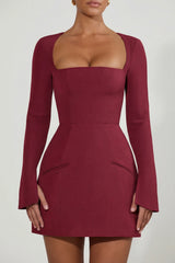 Square-Neck Structured Tulip Mini Dress In Wine Red