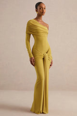 Avonlea | Mustard Asymmetric-Neck Maxi Dress With Gathered Detailing