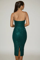 Embellished Sweetheart-Neck Midi Dress In Teal Green