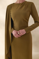 Jovea | Olive Round-Neck Maxi Dress With Cape-Sleeve