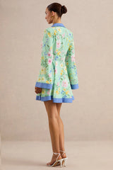 Ionee | Mint Floral Border Print Mini Shirt Dress