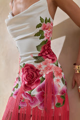 Bejewelled | Cream And Pink Floral Cowl-Neck Maxi Dress With Fringe Hem