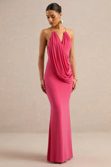 Dinara | Coral Halter-Neck Maxi Dress With Draped Detailing And Gold Detail