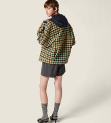 MiuMiu Women's Fall/Winter Lettering Eembroidered Logo Hood Zip Camel Green Navy Check and Technical Jacket #332611