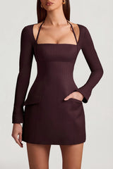 Pinstripe Structured A-Line Mini Dress In Chocolate Brown
