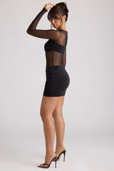 Sheer Panelled Long Sleeve Mini Dress In Black