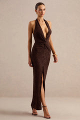 Ocealla | Brown Lace Plunge-Neck Maxi Dress With Gathered-Detailing