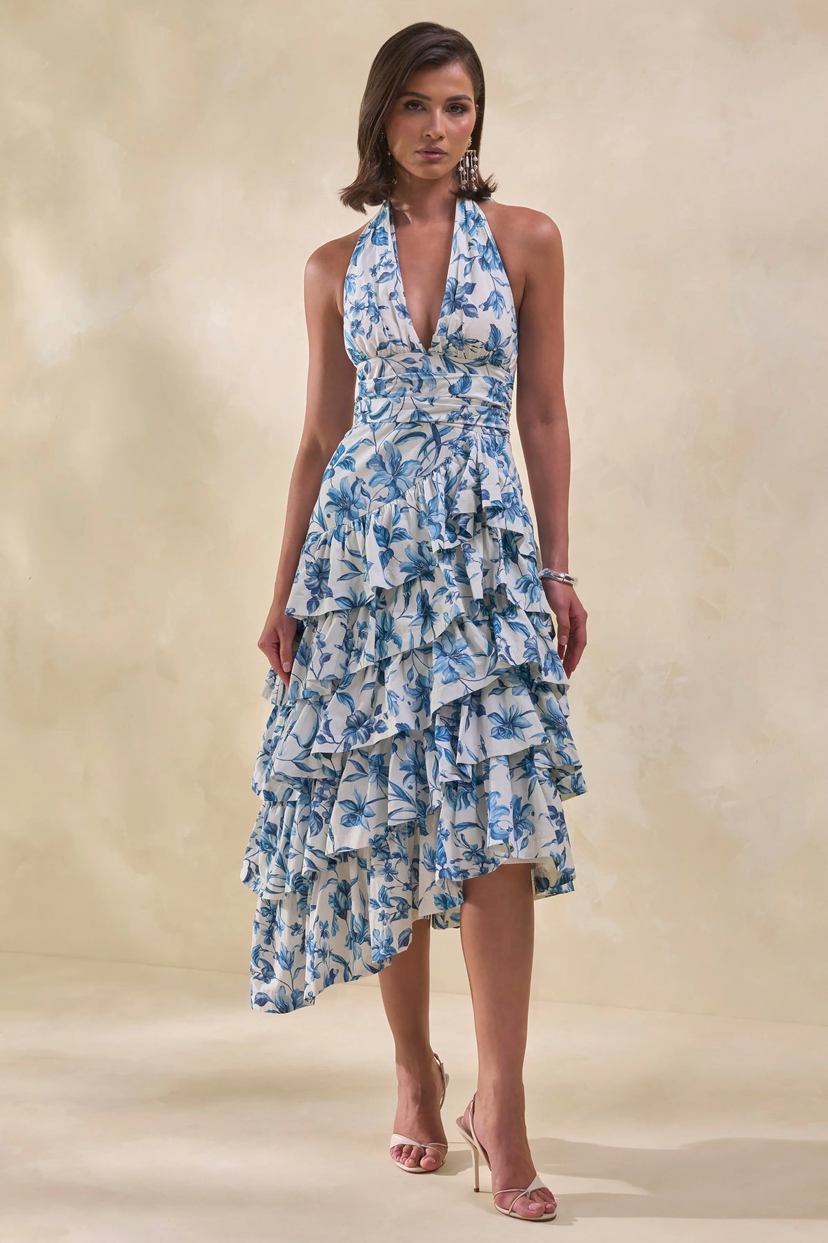Velora | Blue Porcelain Print Asymmetric-Neck Midi Dress With Tiered-Ruffled Skirt