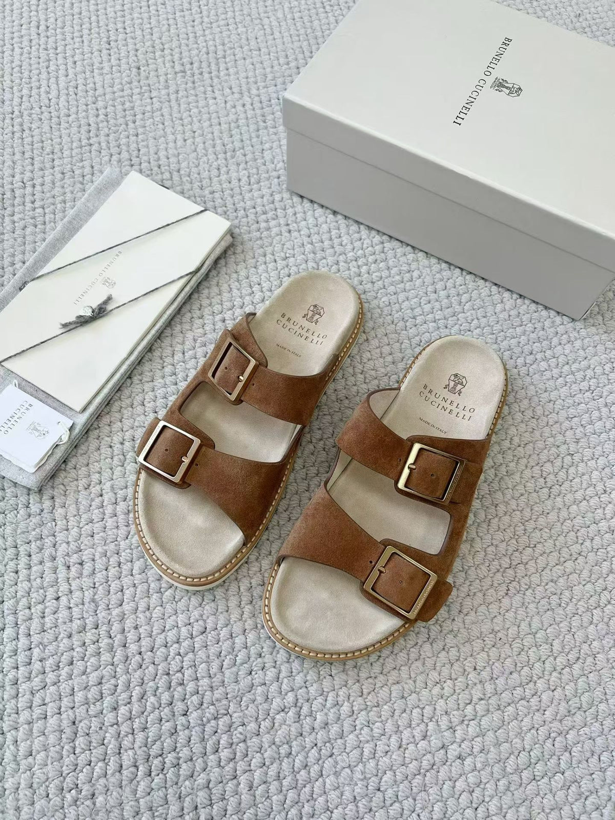 Brunello Cucinelli Suede slides with buckles for Man in Hazelnut #377264