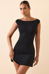 Modal Off-Shoulder Ruched A-Line Mini Dress In Black