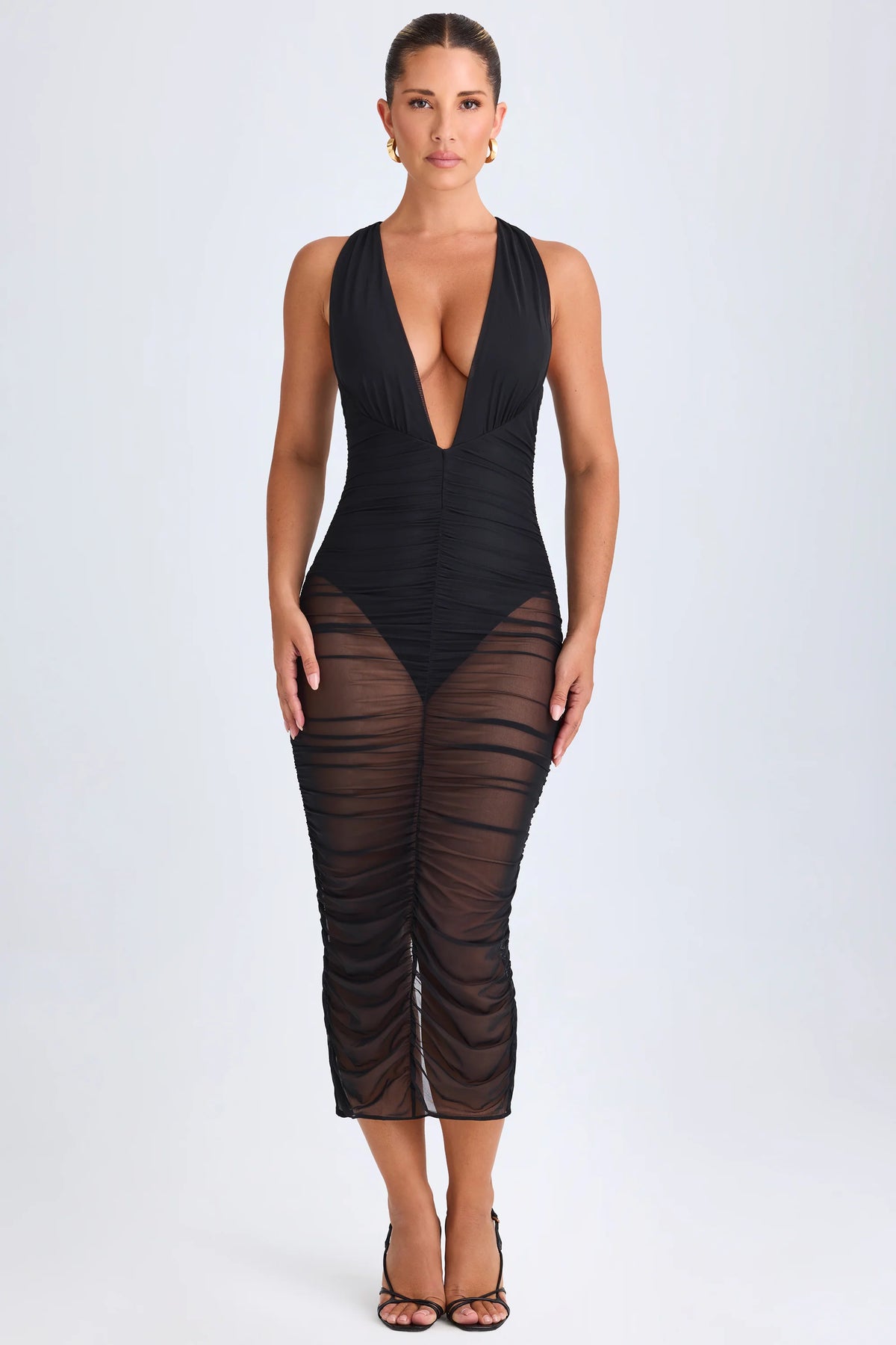 Ruched Plunge Midaxi Dress In Black