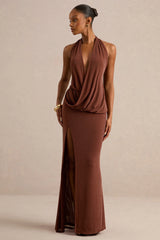 Velia | Brown Extreme Plunge-Neck Semi-Sheer Maxi Dress With Front High Split