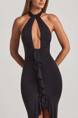 Ruffle-Trim Halterneck Gown In Black