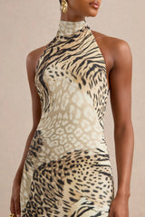 Arlise | Brown Animal Print Halter-Neck Maxi Dress