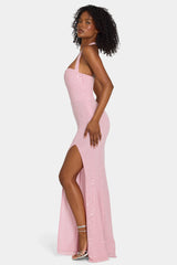 Embellished Halterneck Gown In Lavender Pink