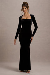 Morana | Black Velvet Square-Neck Long-Sleeve Maxi Dress