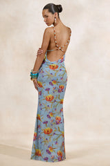 Raisa | Blue Floral Sheer Mesh Cowl-Neck Maxi Dress