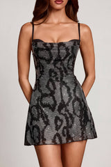 Embellished Cowl Neck A-Line Mini Dress In Silver Snake