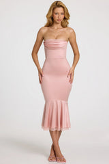 Satin Lace-Trim Bandeau Fluted Midaxi Dress In Blush Pink