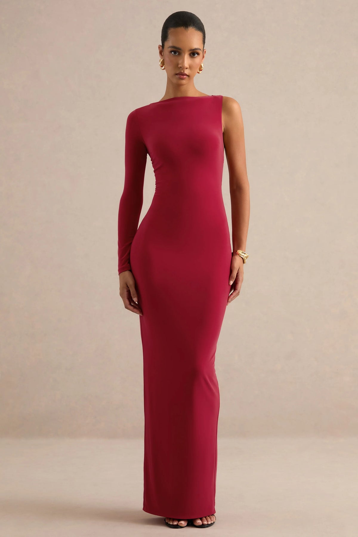 Kestrel | Red Slash-Neck One Sleeve Maxi Dress