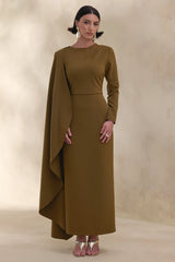 Jovea | Olive Round-Neck Maxi Dress With Cape-Sleeve