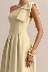 Meria | Lemon Asymmetric-Neck Midi Dress With Bow-Sleeve