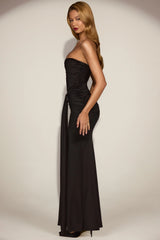 Satin Peekaboo Bandeau Draped Gown In Black