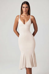 V-Neck Godet  Midaxi Dress In Ivory