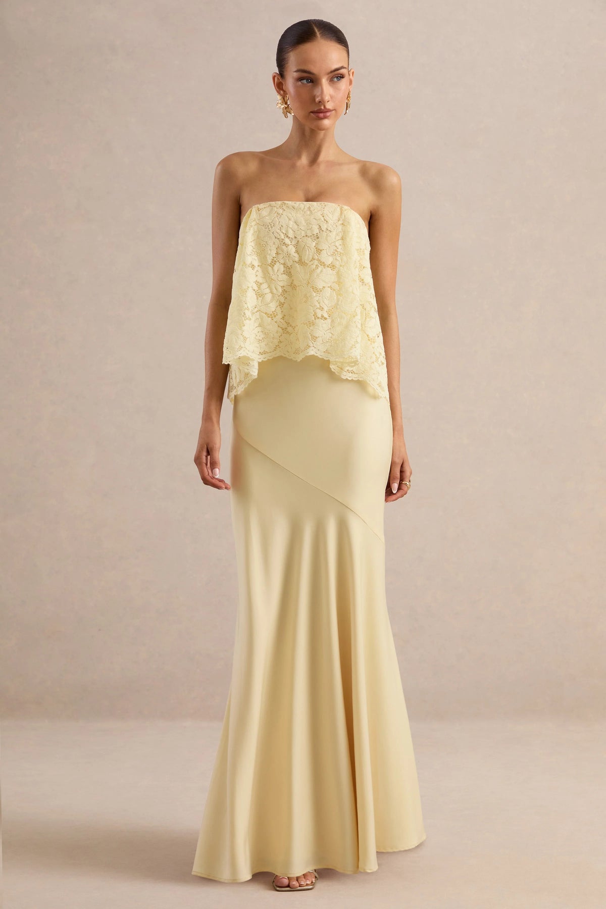 Clemency | Lemon Lace And Matte Satin Bandeau Maxi Dress