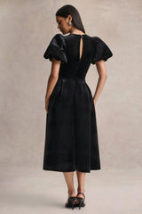 Seraphic | Black Velvet Puff-Sleeve Midi Dress