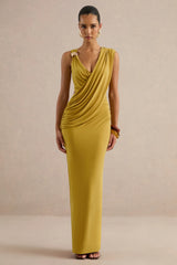 Tahlia | Mustard Plunge-Neck Maxi Dress With Draped Detailing And Gold Detail