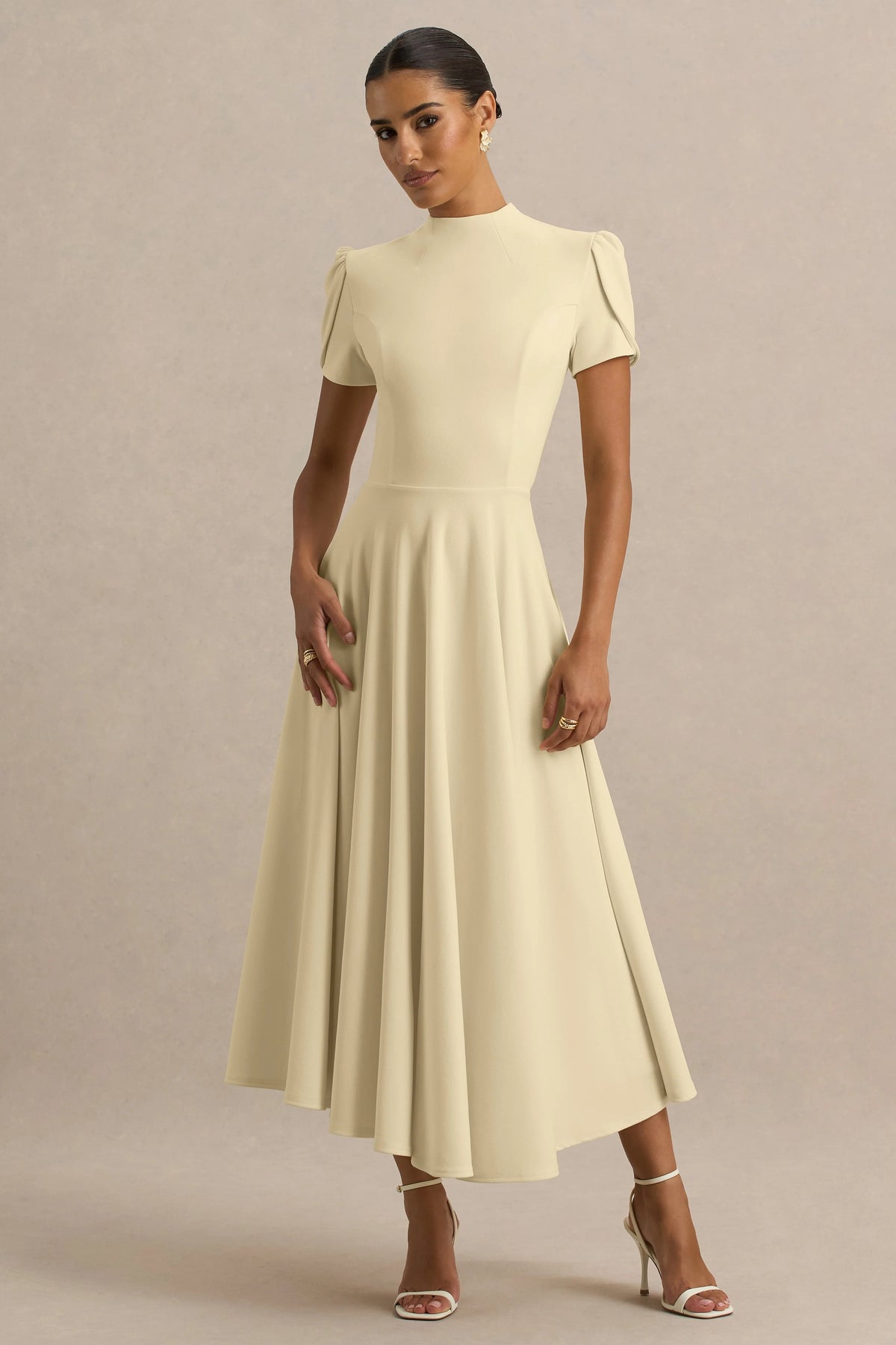 Vicky | Lemon High Neck Midi Dress With Puff Sleeves