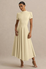 Vicky | Lemon High Neck Midi Dress With Puff Sleeves