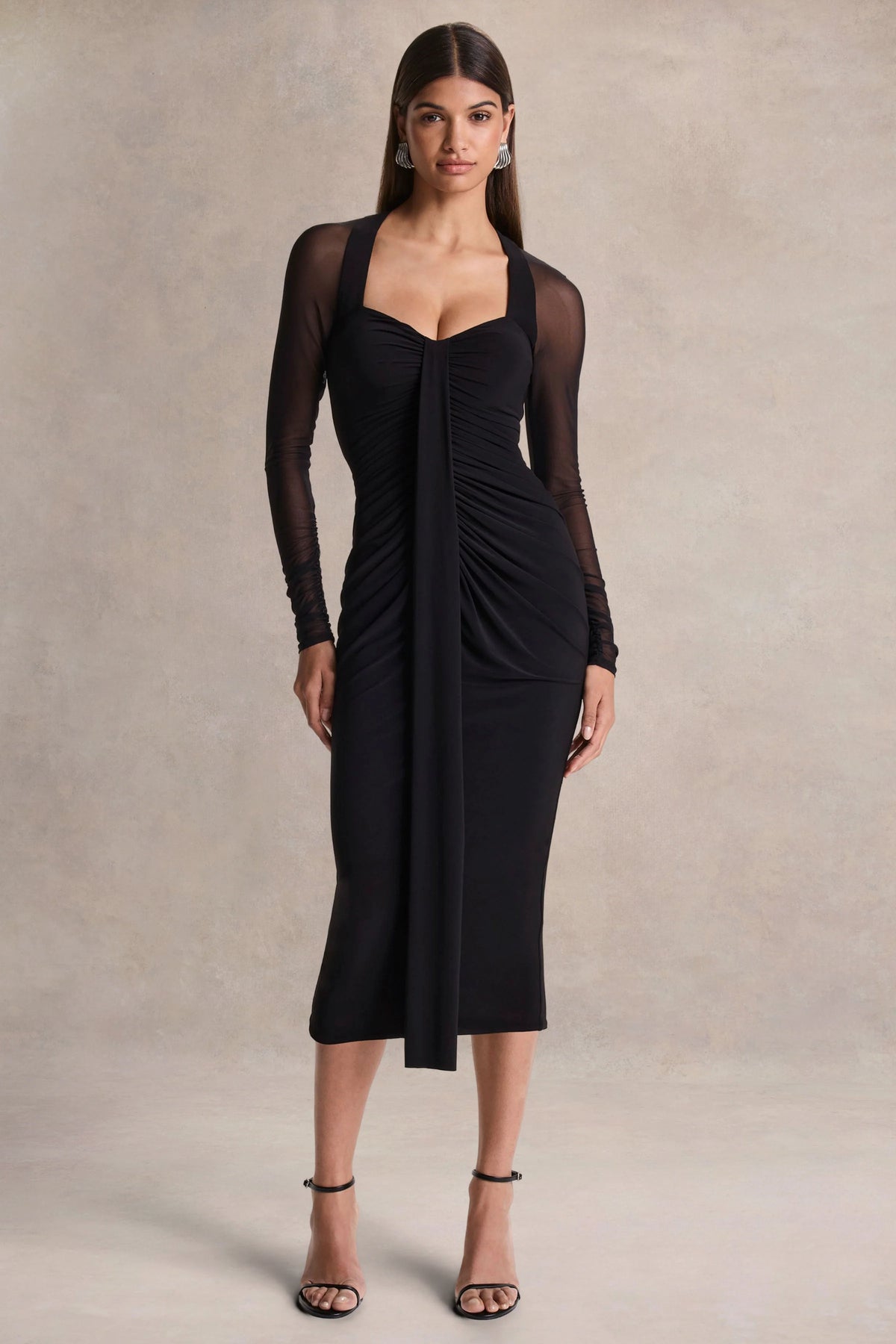 Rosetta | Black Sweetheart-Neck Midi Dress With Sheer-Sleeves