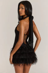 Satin Corset Feathered Mini Dress In Black