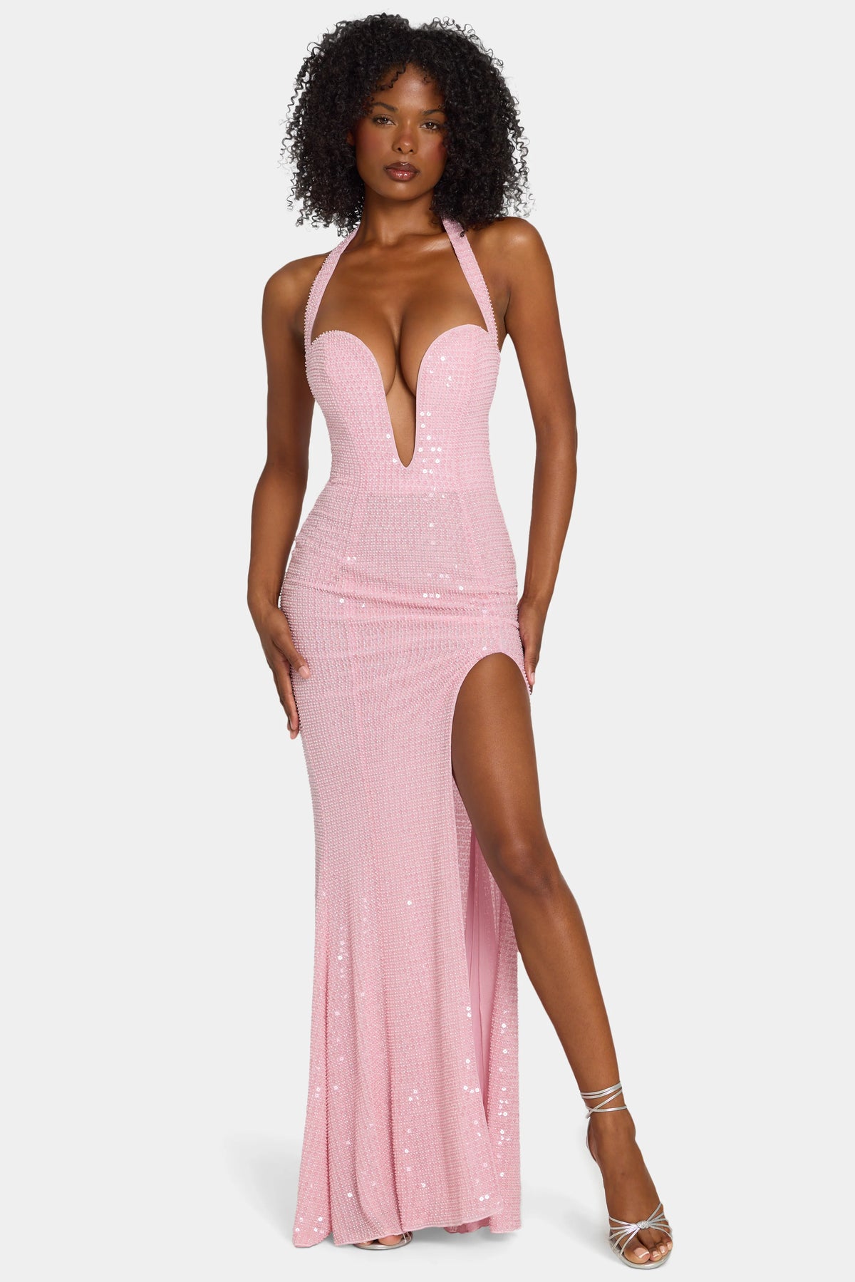 Embellished Halterneck Gown In Lavender Pink
