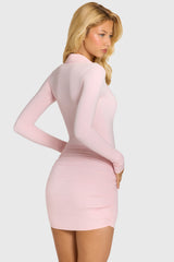 Button Front Long-Sleeve Mini Dress In Baby Pink