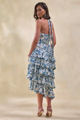 Velora | Blue Porcelain Print Asymmetric-Neck Midi Dress With Tiered-Ruffled Skirt
