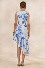 Isalyn | Blue Floral Print Round-Neck Midi Dress With Asymmetric Hemline