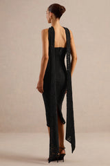 Rosaria | Black Lace Bandeau Midi Dress With Scarf-Detail