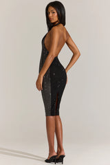 Embellished Plunge Halterneck Midi Dress In Black