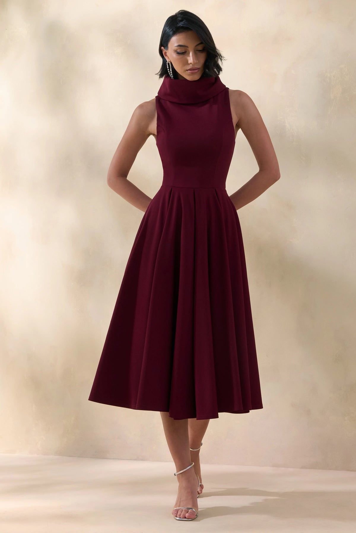 Exclusivity | Burgundy High-Neck Midi Dress