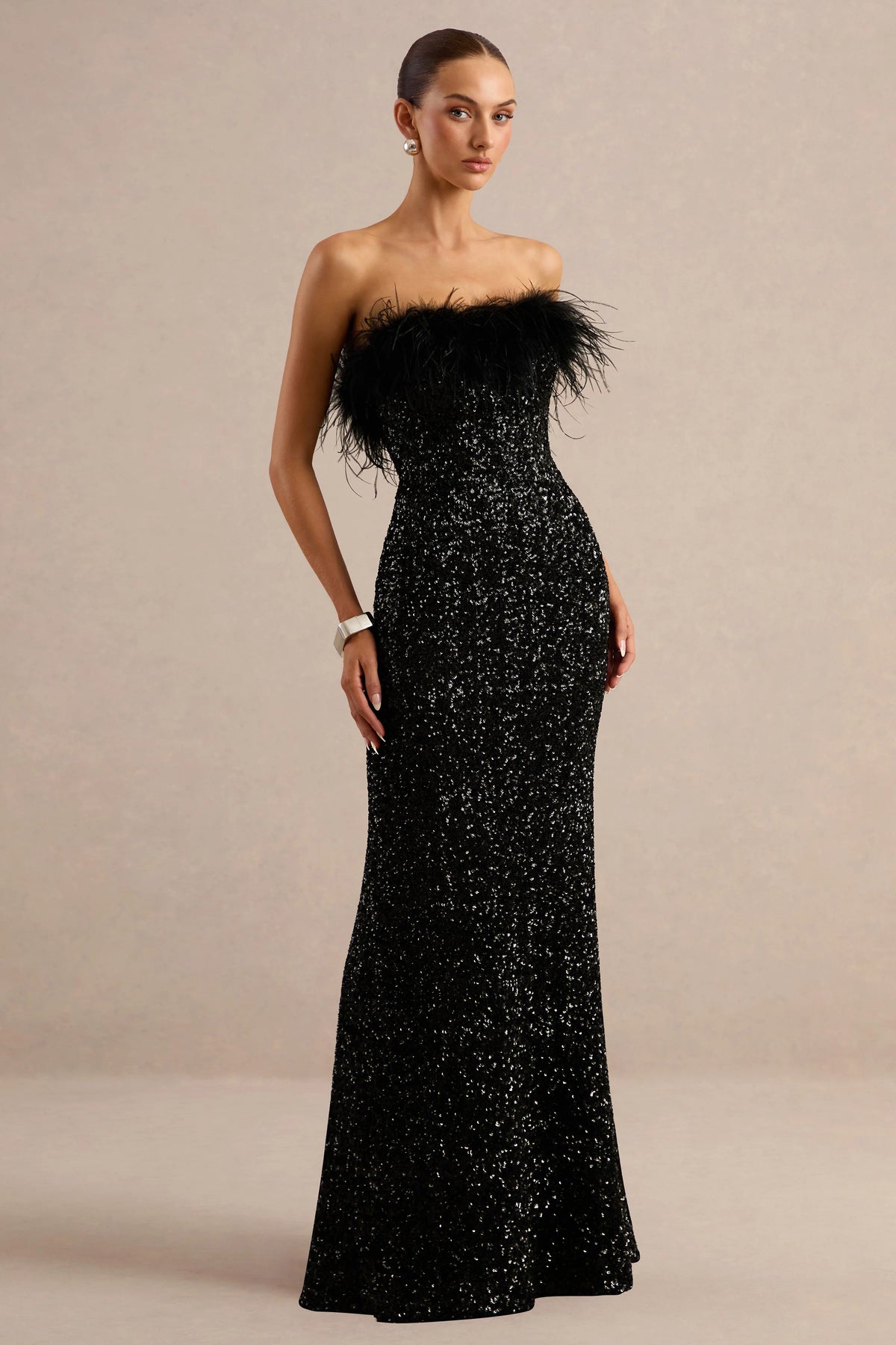 Daze | Black Sequin Bandeau Maxi Dress With Feather-Trim