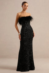 Daze | Black Sequin Bandeau Maxi Dress With Feather-Trim